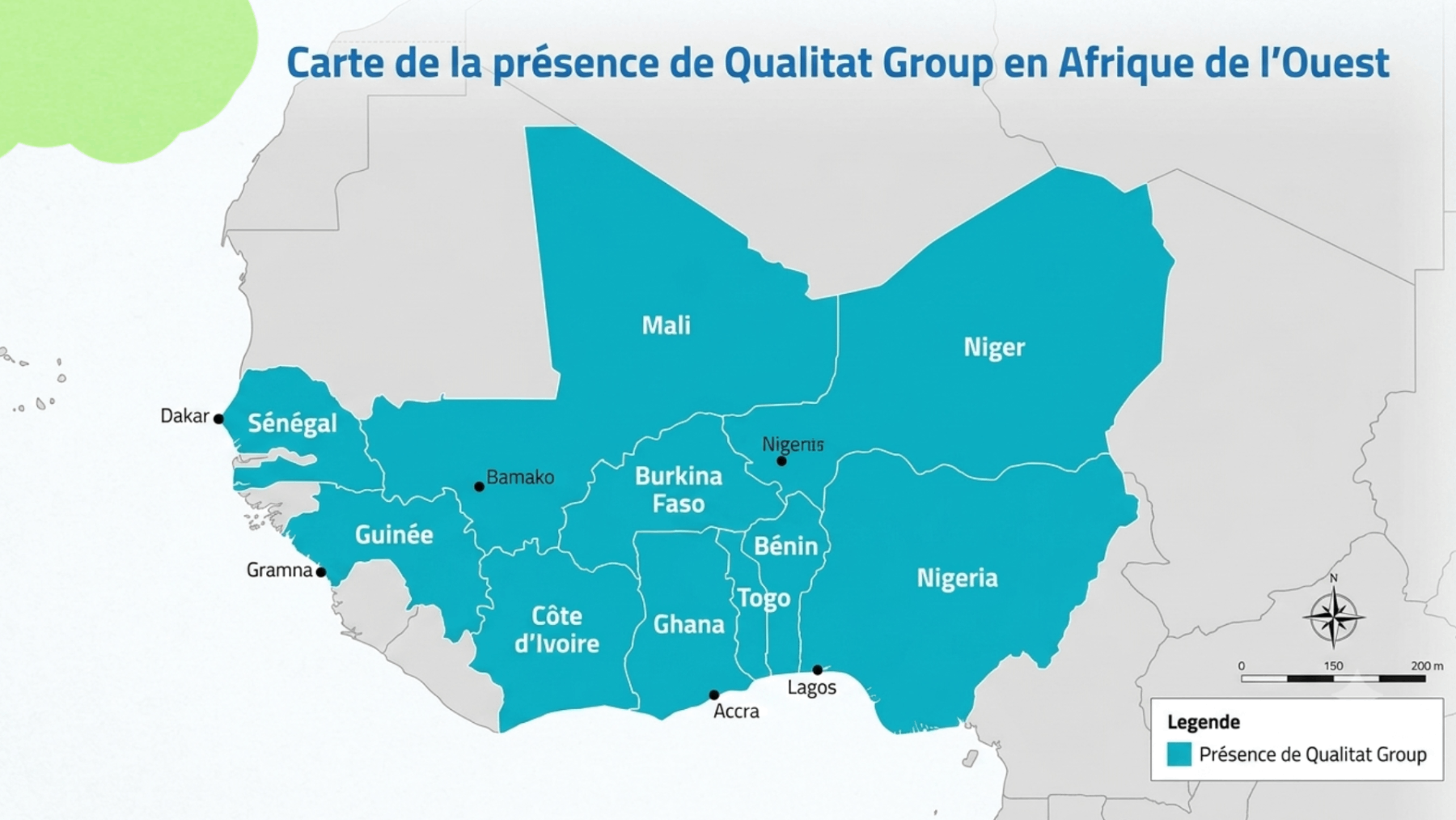 Carte de la présence de Qualitat Group en Afrique de l'Ouest : Bénin, Côte d'Ivoire, Sénégal, Mali, Togo, Burkina Faso, Ghana, Nigeria, Guinée, Niger